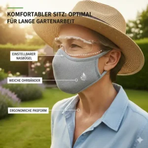 Zeigt den ergonomischen und komfortablen Sitz der atmungsaktive maske gartenarbeit mit verstellbaren Riemen.