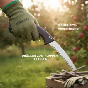 Sicherer Klappmechanismus der Klappsäge für Obstbäume mit Gürtelclip.