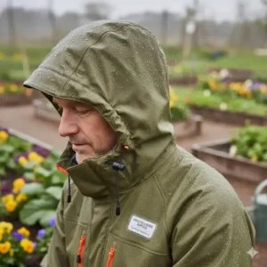 Nahaufnahme der anpassbaren Kapuze des Regenschutz Gartenarbeit Overall für optimalen Schutz bei starkem Niederschlag.