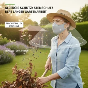 Grafische Darstellung, wie die atmungsaktive maske gartenarbeit Allergiker vor Pollen und feinem Staub schützt.