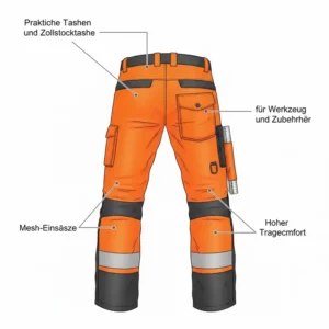 Die praktischen und verstärkten Taschen, einschließlich Zollstocktasche, an der Schnittschutzhose Motorsäge.