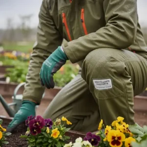 Die strapazierfähige Kniepartie des Regenschutz Gartenarbeit Overall, verstärkt für kniende Arbeiten.