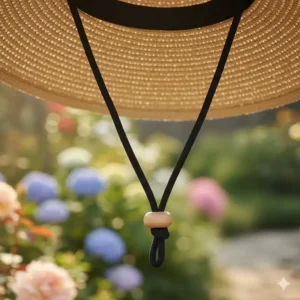 Einstellbares Kinnband oder Kordel zur Fixierung des gartenhut sonnenschutz damen bei windigem Wetter.