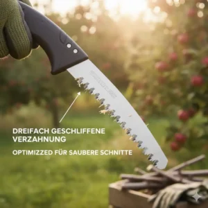 Scharfe Zahnung der Klappsäge für Obstbäume mit Gürtelclip für saubere Schnitte.