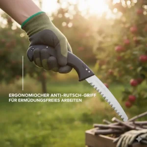 Ergonomischer Griff der Klappsäge für Obstbäume mit Gürtelclip in der Nahansicht.