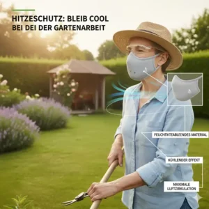 Nahaufnahme des leichten, kühlenden Materials der atmungsaktive maske gartenarbeit für heiße Sommertage.