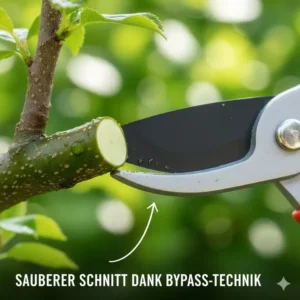 Nahaufnahme eines Astes nach dem Schnitt mit der Hand-Astschere mit Bypass-Technik zur Demonstration der glatten Wundfläche