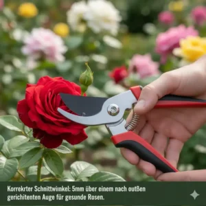 Korrekter Schnittwinkel beim Rosenschnitt mit der beste Gartenschere für Rosenschnitt (ca. 5 mm über einem Auge).
