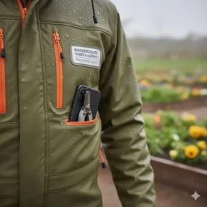 Funktionale, wasserdichte Reißverschlusstasche am Regenschutz Gartenarbeit Overall zur Aufbewahrung von Werkzeugen.