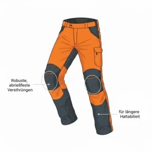 Robuste, abriebfeste Verstärkungen an den kritischen Stellen der Schnittschutzhose Motorsäge für lange Haltbarkeit.