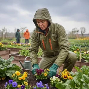 Eine Person pflegt Gemüsebeete im Regen, vollständig geschützt durch den robusten Regenschutz Gartenarbeit Overall.