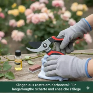 Scharfe Klingen aus Karbonstahl der beste Gartenschere für Rosenschnitt für langanhaltende Schärfe und einfache Pflege.
