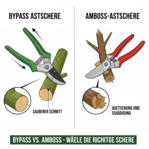 Schematische Darstellung, die den Unterschied zwischen Hand-Astschere mit Bypass-Technik und Amboss-Schere zeigt