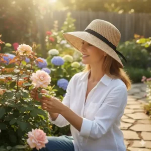 Eine Dame, die den gartenhut sonnenschutz damen bei der Gartenarbeit trägt.