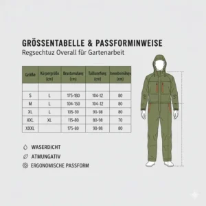Offizielle Größentabelle und Passformanleitung für den Regenschutz Gartenarbeit Overall für die richtige Auswahl.