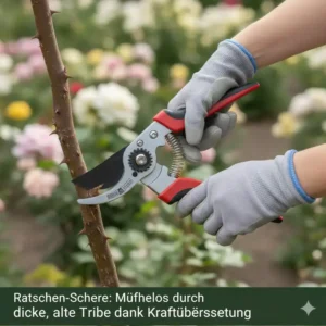 Ratschen-Gartenschere als Option zur beste Gartenschere für Rosenschnitt bei geringer Handkraft oder dickeren Rosentrieben.