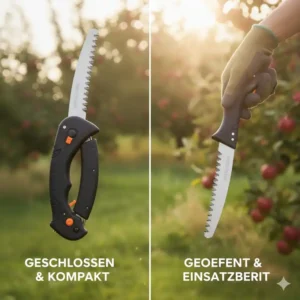 Die Klappsäge für Obstbäume mit Gürtelclip im offenen und geschlossenen Zustand.