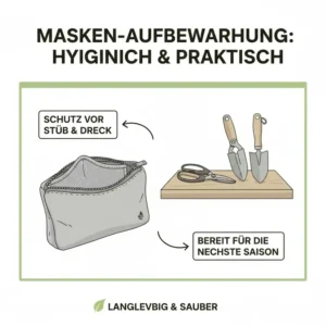 Empfohlene Aufbewahrungsmöglichkeit (Box/Beutel) für die atmungsaktive maske gartenarbeit außerhalb der Nutzung.