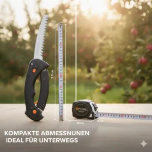 Kompakte Bauweise der Klappsäge für Obstbäume mit Gürtelclip für einfachen Transport.