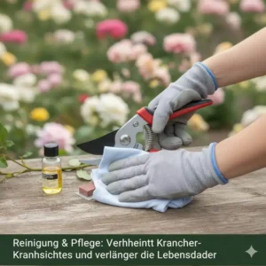 Reinigung und Desinfektion der beste Gartenschere für Rosenschnitt, um die Übertragung von Krankheiten zu verhindern.