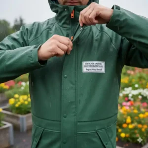Der abgedeckte Frontreißverschluss des Regenschutz Gartenarbeit Overall für einfaches An- und Ausziehen.