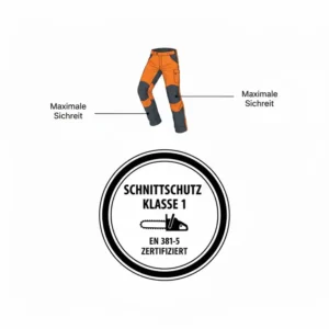 Das offizielle Piktogramm der Schnittschutzhose Motorsäge mit der Kennzeichnung Schnittschutzklasse 1.