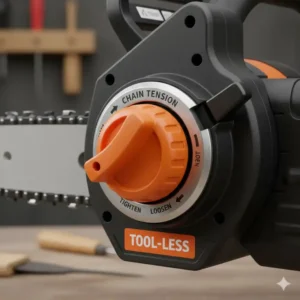 Nahaufnahme der Einstellschraube einer elektrischen Kettensäge mit werkzeuglosem Spanner.