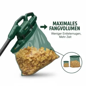 Detailansicht der hohen Kapazität beim laubsauger elektrisch mit fangsack groß.