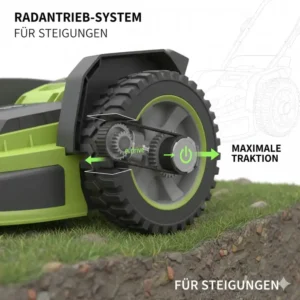 Detailansicht des Antriebssystems für einen akku rasenmäher mit radantrieb für hanglage.