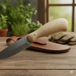Nahaufnahme vom ergonomischen Holzgriff an einem gartenmesser mit holzgriff und scheide.