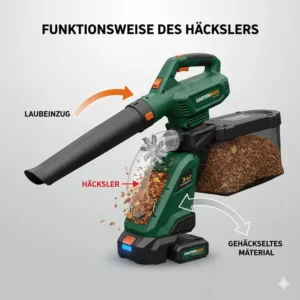 Close-up illustration of the metal shredding blade inside an akku laubbläser mit saugfunktion und häcksler.