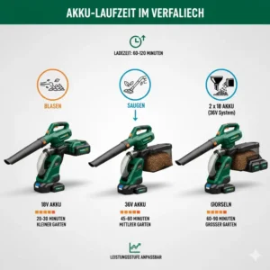 Infographic displaying the battery performance and runtime of an akku laubbläser mit saugfunktion und häcksler.