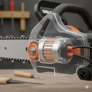 Technische Illustration des Motors einer elektrischen Kettensäge mit werkzeuglosem Spanner.
