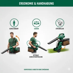 Illustration of the comfortable shoulder strap and handle of an akku laubbläser mit saugfunktion und häcksler.