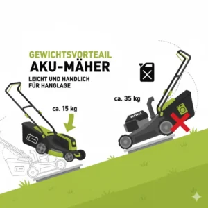 Gewichtsvorteile beim Mähen durch einen akku rasenmäher mit radantrieb für hanglage.