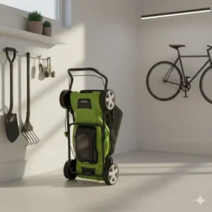 Platzsparende Lagerung in der Garage für einen kleiner rasenmäher leicht für vorgarten.