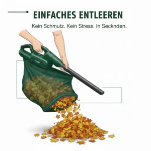 Praktischer Reißverschluss am laubsauger elektrisch mit fangsack groß zum einfachen Entleeren.