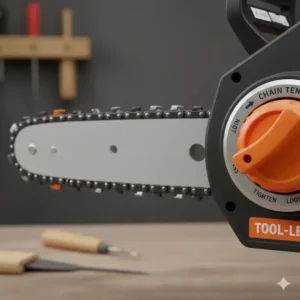 Das hochwertige Schwert und die Kette einer elektrischen Kettensäge mit werkzeuglosem Spanner.