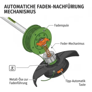 Illustration der Funktionsweise der automatischen akku rasentrimmer mit faden nachführung.