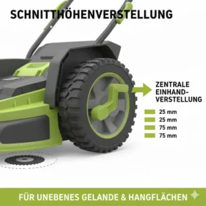 Die zentrale Schnitthöhenverstellung beim akku rasenmäher mit radantrieb für hanglage.