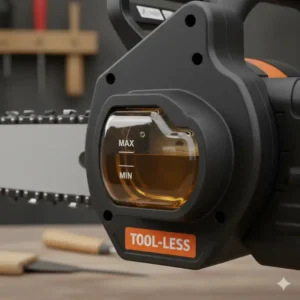 Anzeige für den Ölstand an einer elektrischen Kettensäge mit werkzeuglosem Spanner.