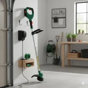 Platzsparende Aufbewahrung an der Wand für den akku rasentrimmer mit faden nachführung.