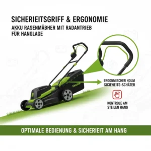 Ergonomischer Sicherheitsgriff für die Kontrolle am akku rasenmäher mit radantrieb für hanglage.