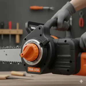 Der ergonomische Handgriff für sicheres Arbeiten mit der elektrischen Kettensäge mit werkzeuglosem Spanner.