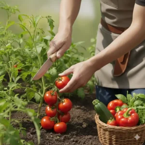 Ernte von frischem Gemüse mit Hilfe von einem gartenmesser mit holzgriff und scheide.