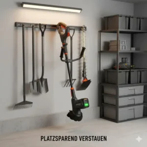 Platzsparende Lagerung der leistungsstarke akku motorsense für unkraut in der Werkstatt.