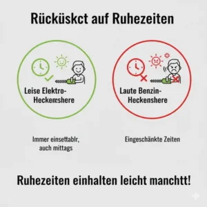 Einhaltung der Ruhezeiten im Garten mit einer leise elektrische heckenschere für nachbarn während der Mittagszeit.