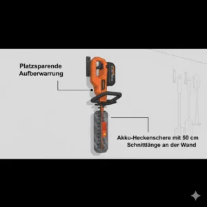 Sichere und platzsparende Lagerung einer akku heckenschere 50 cm schnittlänge in der Garage.