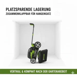 Platzsparende Aufbewahrung nach der Arbeit mit dem akku rasenmäher mit radantrieb für hanglage.