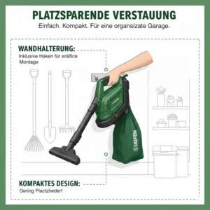 Platzsparende Lagerung für einen laubsauger elektrisch mit fangsack groß im Schuppen.